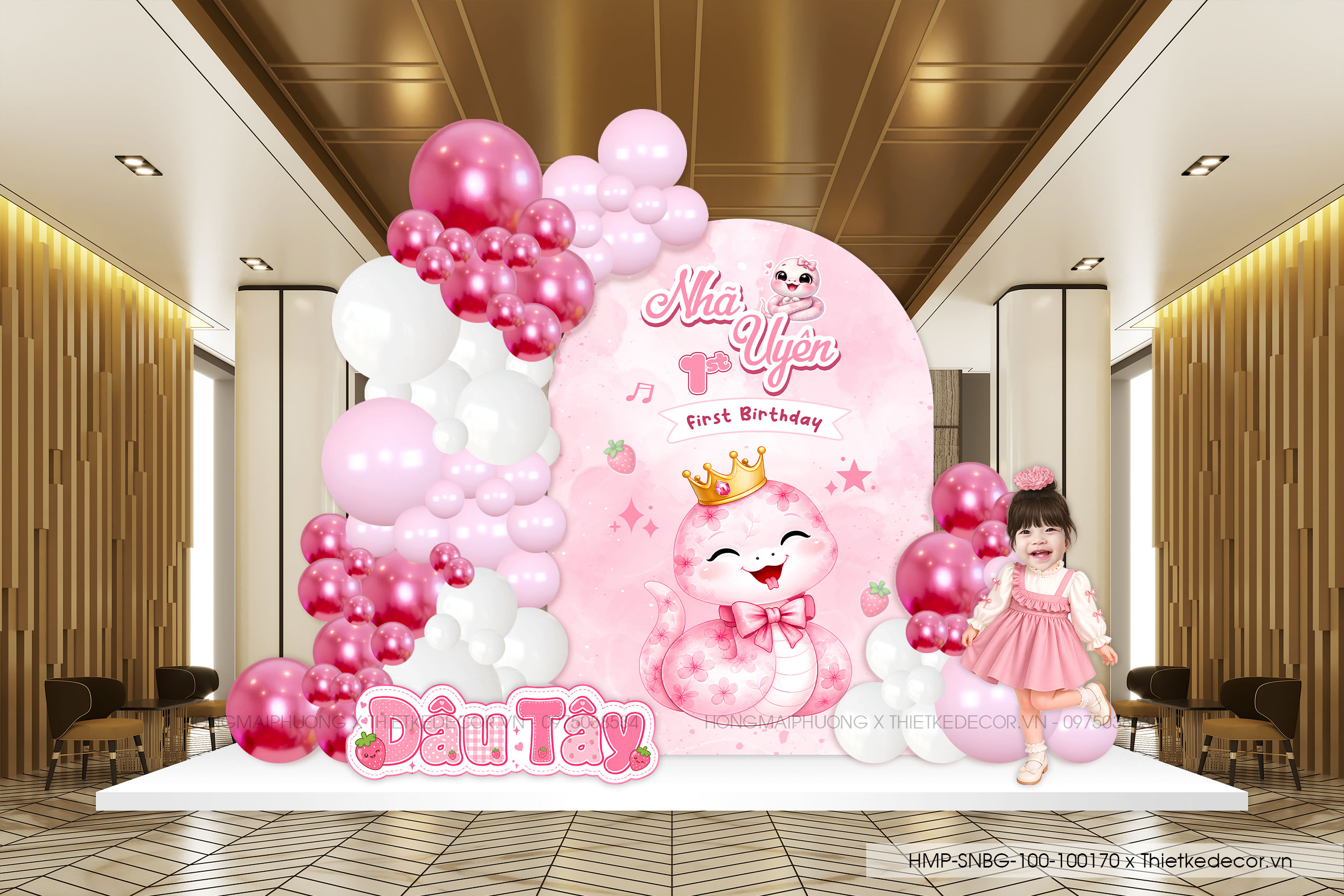File thiết kế decor trang trí tiệc sinh nhật bé gái tên Dâu Tây tuổi Tỵ Rắn mix bong bóng cute dễ thương đáng yêu tone hồng