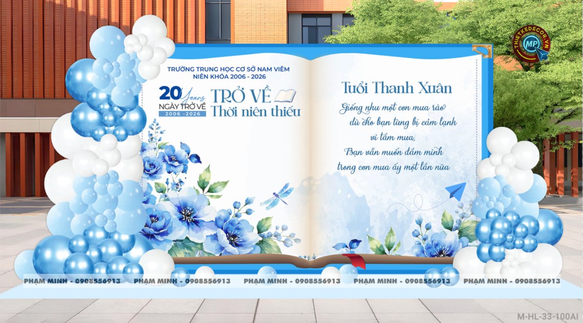 File thiết kế trang trí background họp lớp họp khóa kỷ niệm ngày về trường tone xanh da trời sang trọng
