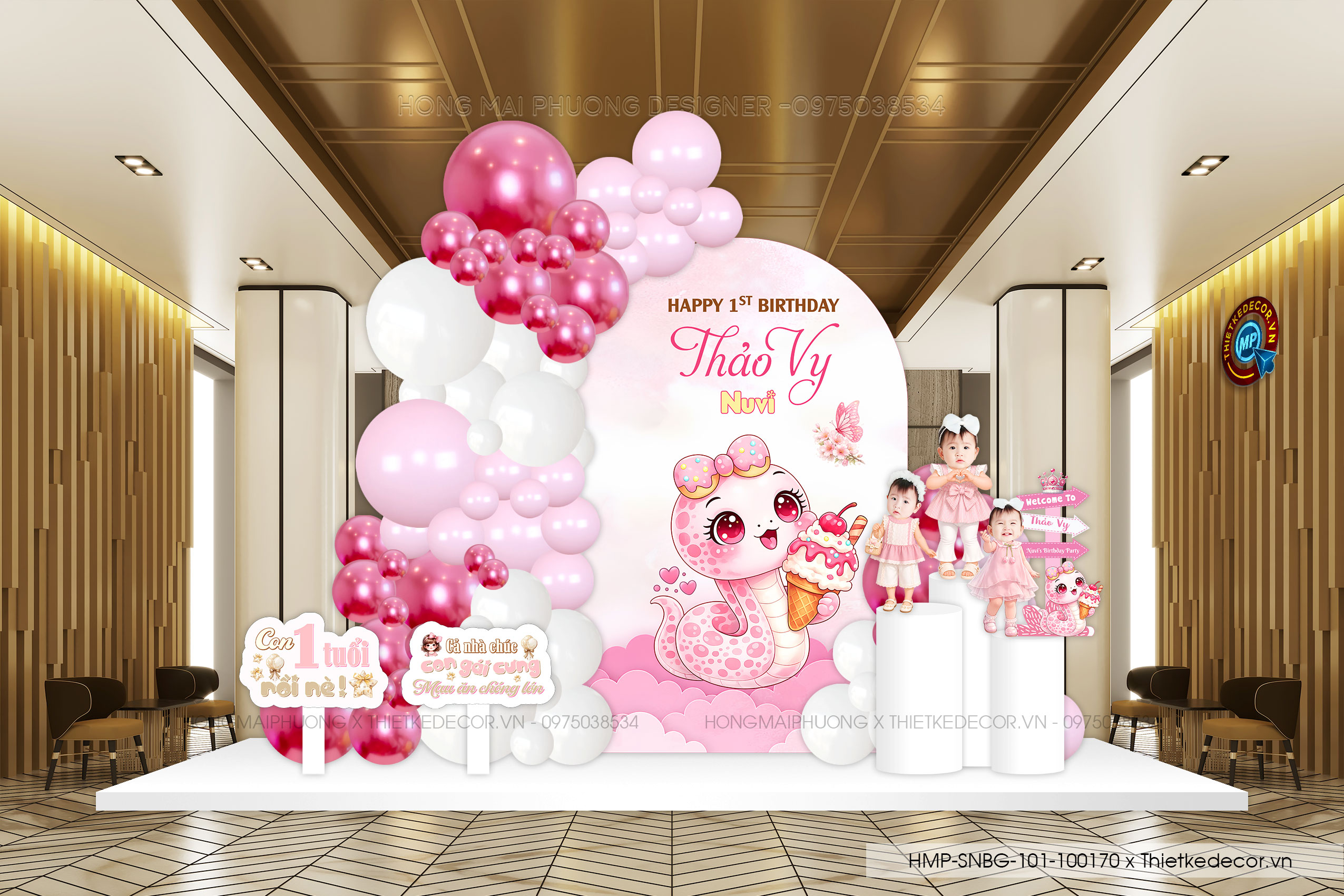 File thiết kế decor trang trí tiệc sinh nhật bé gái tuổi Tỵ Rắn mix bong bóng cute dễ thương đáng yêu tone hồng