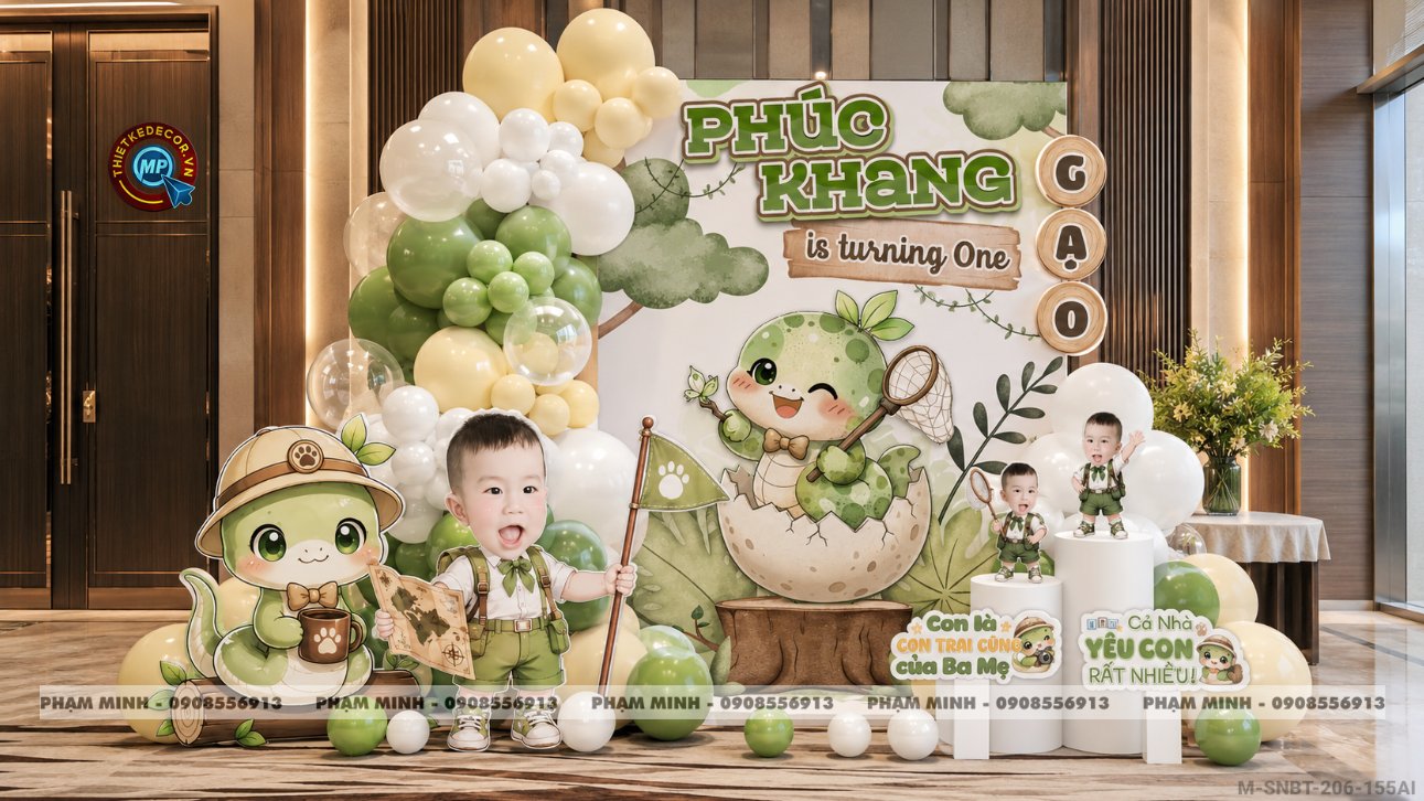 File thiết kế sinh nhật bé trai 1 tuổi rắn tỵ decor trang trí bong bóng tone xanh da lá cute dễ thương đáng yêu