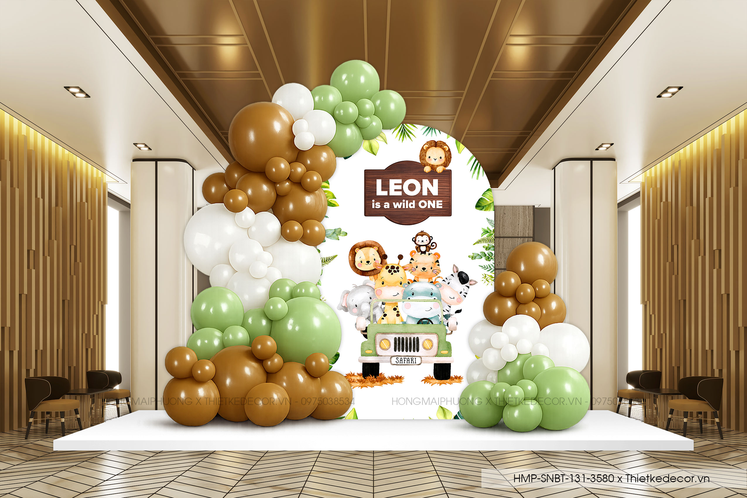 File thiết kế decor trang trí tiệc sinh nhật bé trai Chủ đề muôn thú Safari mix bong bóng cute dễ thương đáng yêu tone xanh lá - nâu