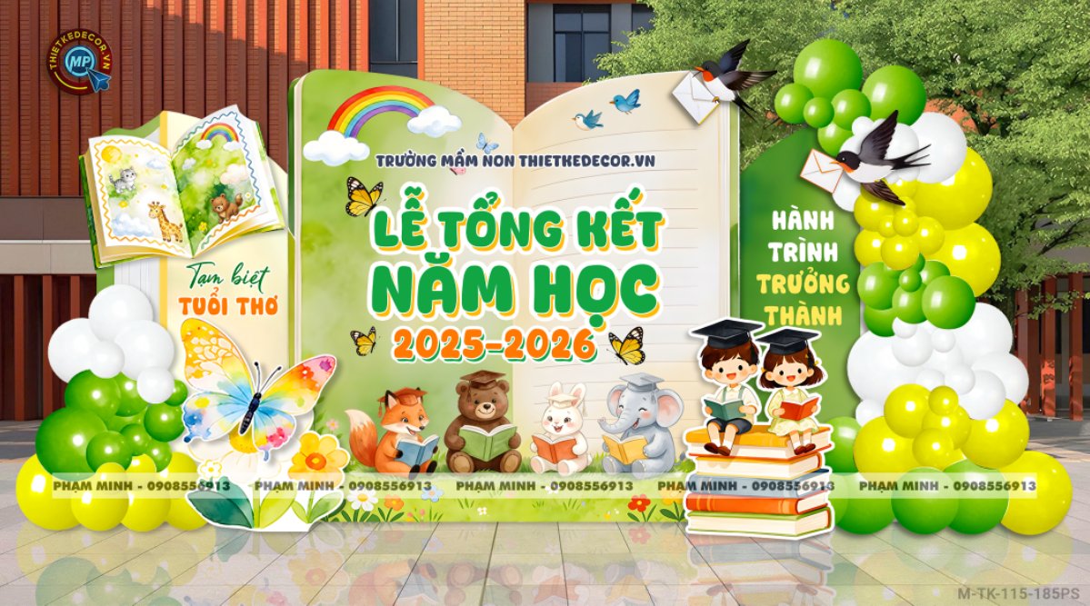 File thiết kế decor trang trí lễ tổng kết năm học tiểu cảnh trang trí bong bóng chụp ảnh kỷ yếu cho các bé trường mầm non, tiểu học dễ thương sang trọng đáng yêu tone xanh da trời