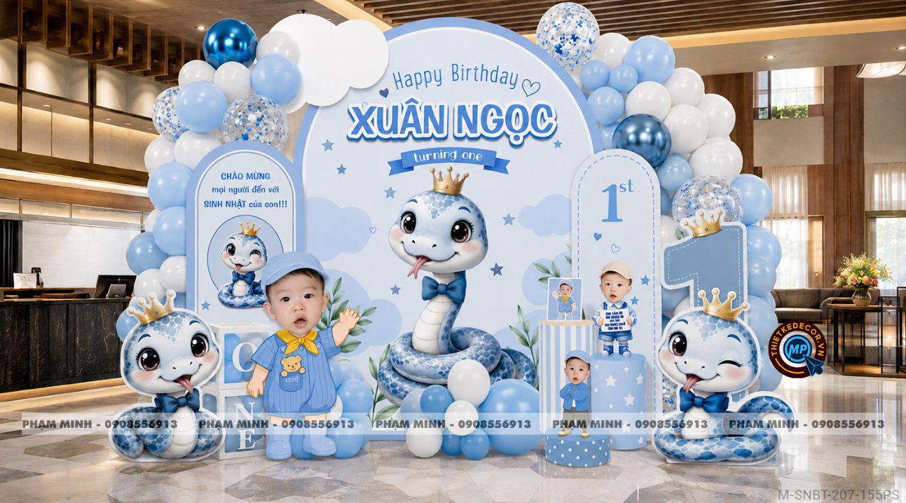 File thiết kế sinh nhật bé trai tuổi rắn tone xanh ; Sinh nhật bé trai tone xanh; Sinh nhật 1 tuổi tone xanh cute đáng yêu dễ thương.