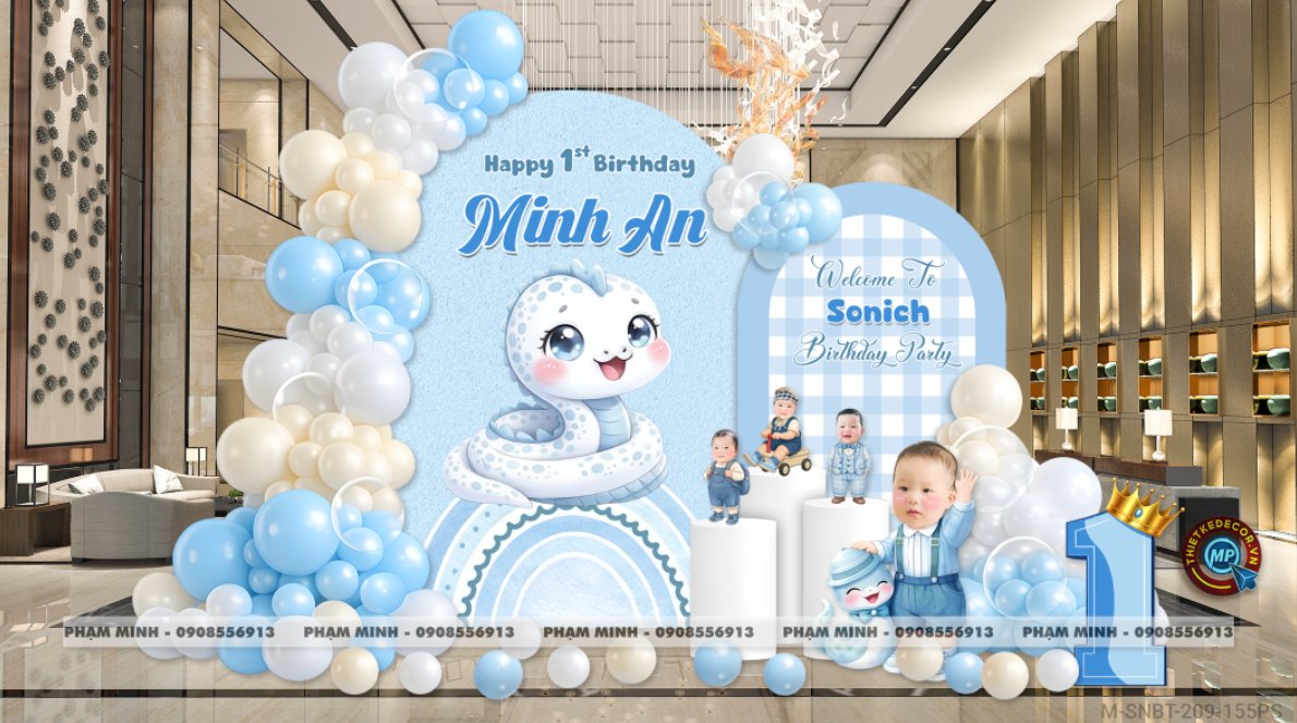 File thiết kế sinh nhật bé trai tuổi rắn tone xanh ; Sinh nhật bé trai tone xanh; Sinh nhật 1 tuổi tone xanh cute đáng yêu dễ thương.
