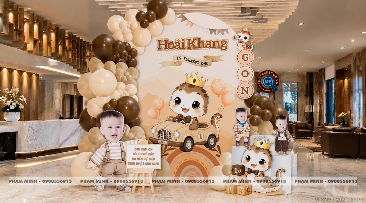 File thiết kế sinh nhật bé trai tuổi rắn tone nâu; Sinh nhật bé trai tone nâu; Sinh nhật 1 tuổi tone nâu cute đáng yêu dễ thương.