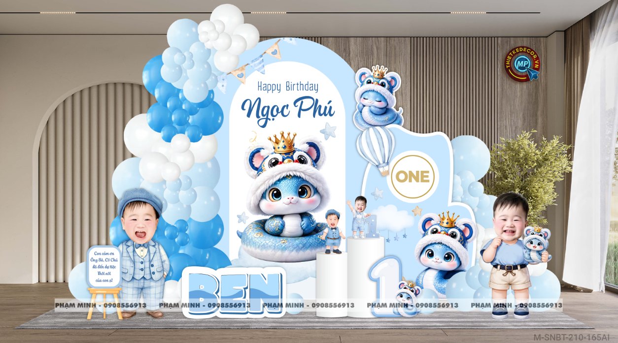 File thiết kế sinh nhật bé trai tuổi rắn tone xanh ; Sinh nhật bé trai tone xanh; Sinh nhật 1 tuổi tone xanh cute đáng yêu dễ thương.