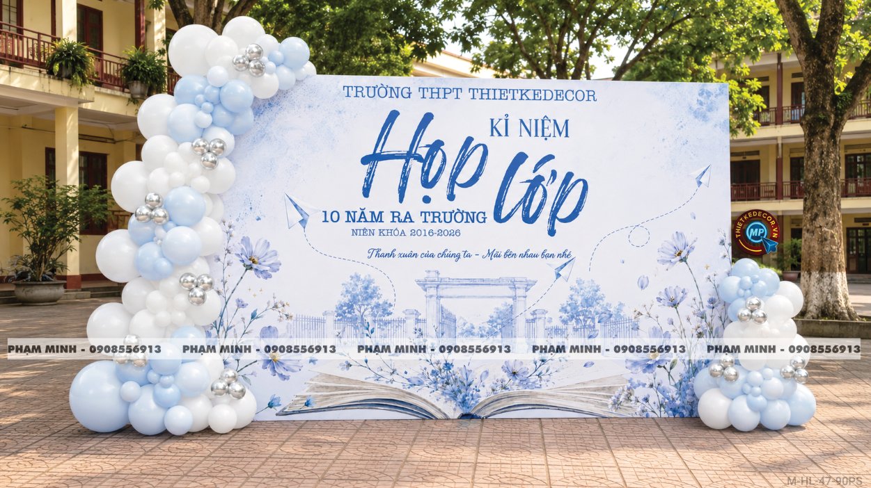 File thiết kế trang trí background họp lớp họp khóa kỷ niệm ngày về trường tone xanh da trời sang trọng