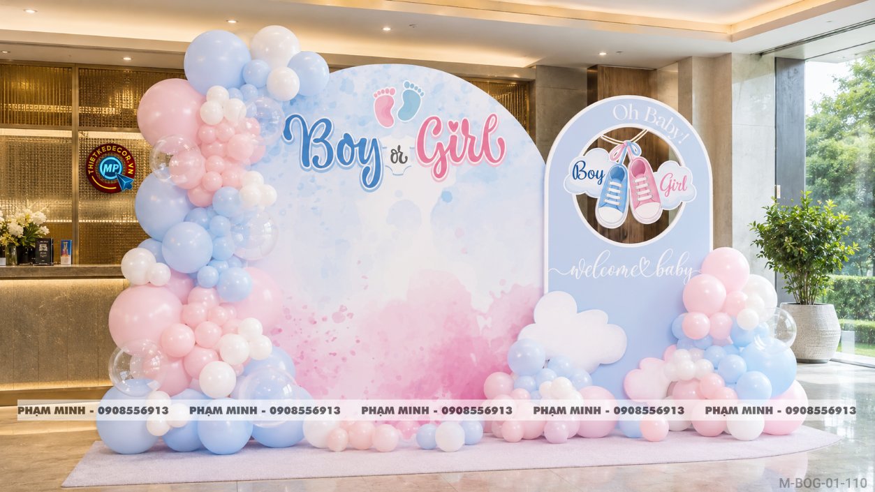 File thiết kế tiệc đoán giới tính bé Boy or Girl, Trang trí decor bong bóng Boy or Girl sang trọng, dễ thương, đáng yêu