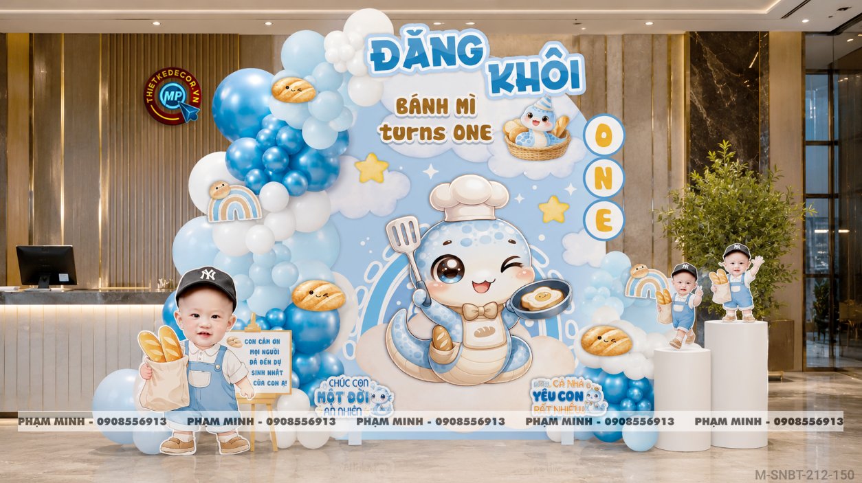 File thiết kế sinh nhật bé trai tuổi rắn tone xanh chủ đề bánh mì; Sinh nhật bé trai tone xanh; Sinh nhật 1 tuổi tone xanh cute đáng yêu dễ thương.