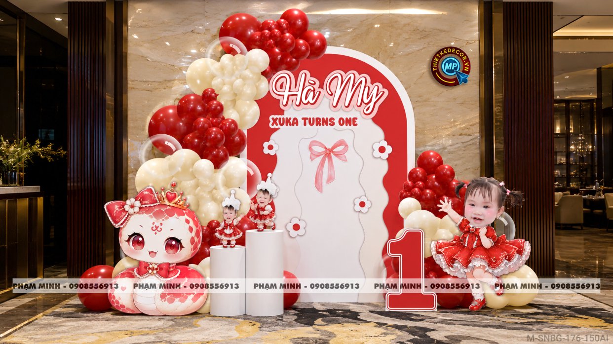 File thiết kế sinh nhật bé gái 1 tuổi rắn tỵ tone đỏ decor trang trí bong bóng đáng yêu dễ thương sang trọng