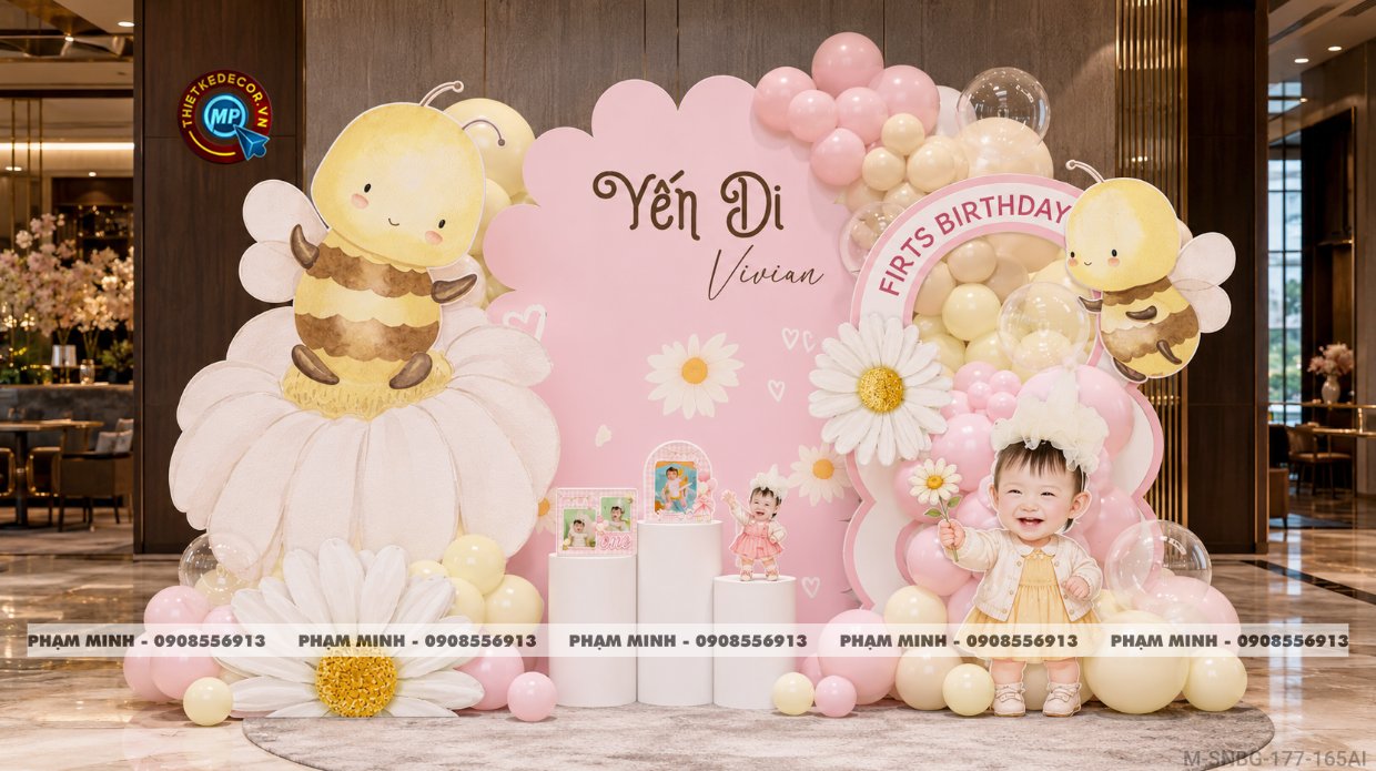 File thiết kế sinh nhật bé gái chủ đề con ong bee tone hồng mix vàng cute dễ thương đáng yêu decor bong bóng tiệc sinh nhật bé gái chủ đề ong
