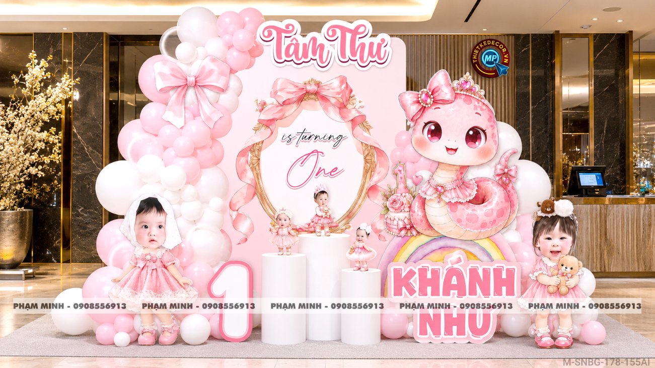 File thiết kế sinh nhật bé gái tuổi rắn tone hồng; Sinh nhật bé gái tone hồng; Sinh nhật 1 tuổi tone hồng; Sinh nhật tuổi tỵ tone hồng cute đáng yêu dễ thương