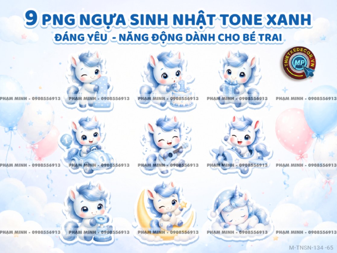 9 Ngựa PNG tone xanh da trời tài nguyên sinh nhật đáng yêu dễ thương cute sử dụng trong thiết kế sinh nhật