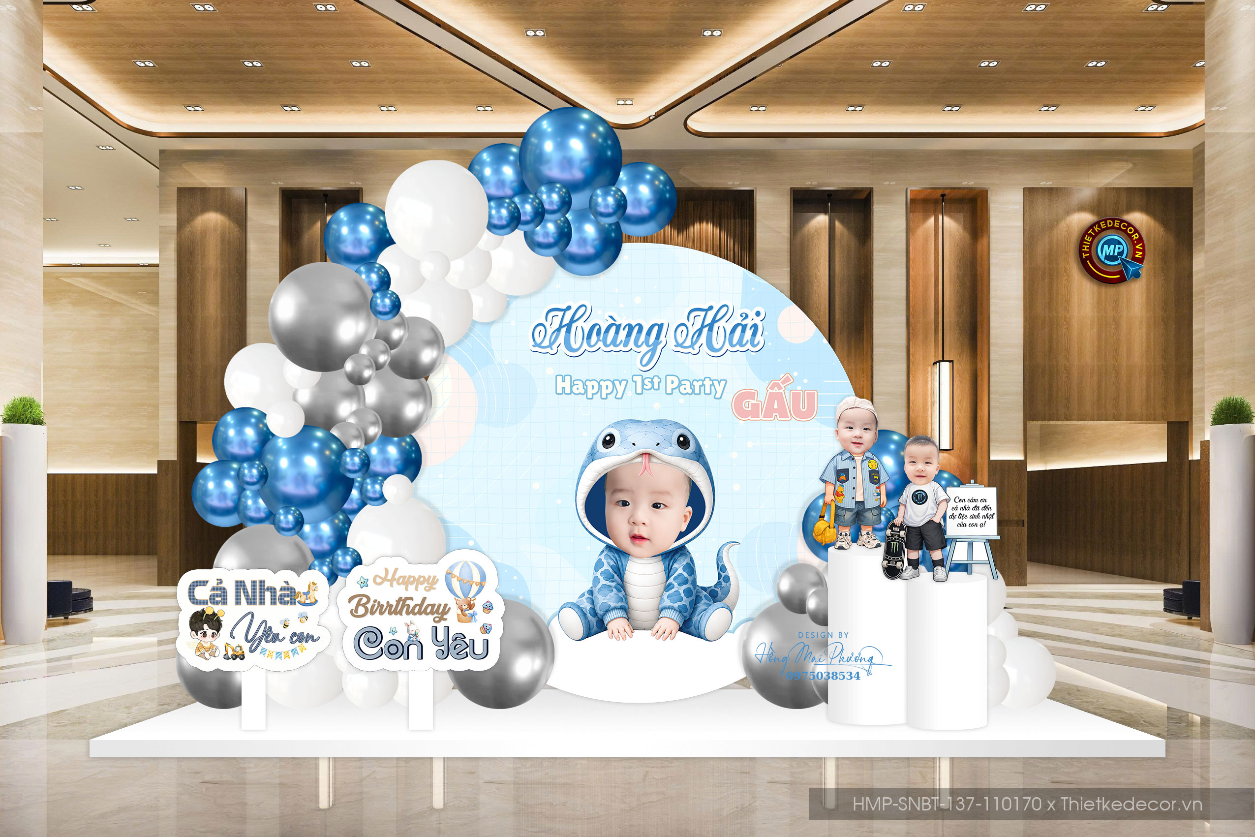 File thiết kế decor trang trí tiệc sinh nhật bé trai tuổi Rắn - Tỵ mix bong bóng cute dễ thương đáng yêu tone xanh dương