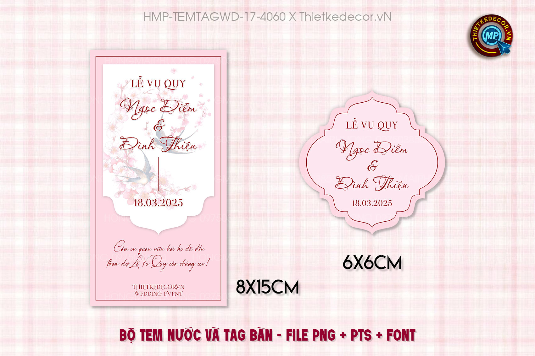 Bộ Tem nước tag bàn tone hồng , ẩn nền họa tiết chim cành