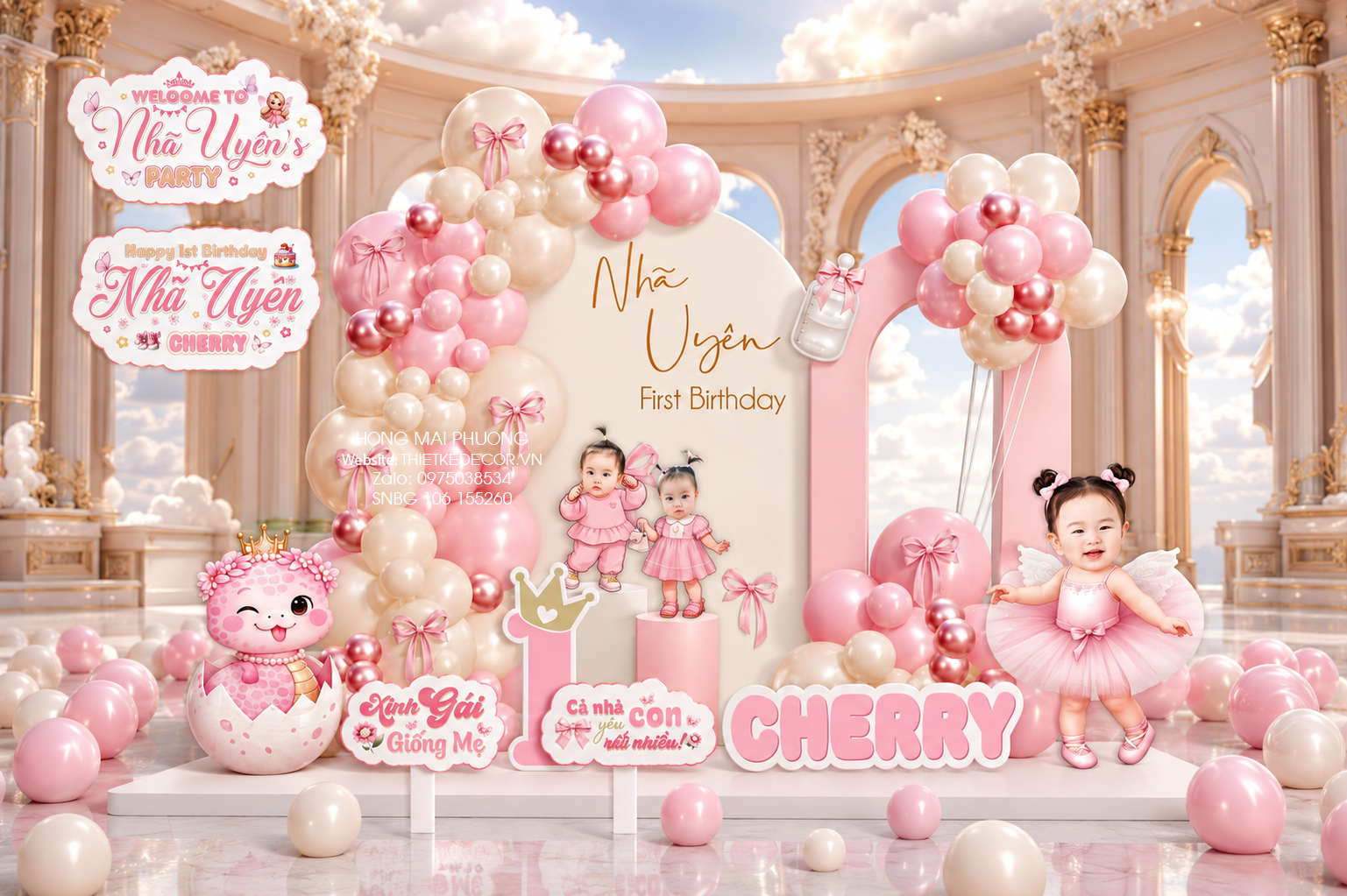 File thiết kế decor trang trí tiệc sinh nhật bé gái mix bong bóng cute dễ thương đáng yêu tone hồng