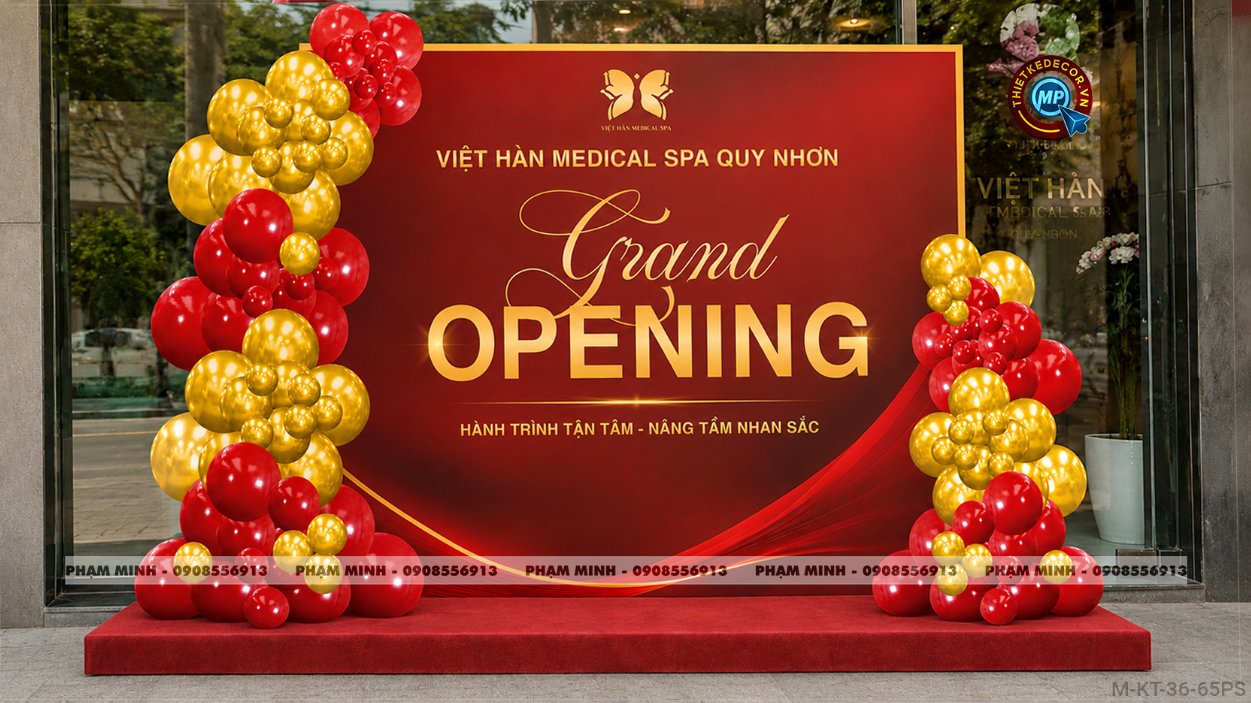 File thiết kế background khai trương spa tone đỏ mix vàng sang trọng; Decor background khai trương Spa tone đỏ vàng; Decor background bong bóng khai trương spa tone đỏ vàng luxury