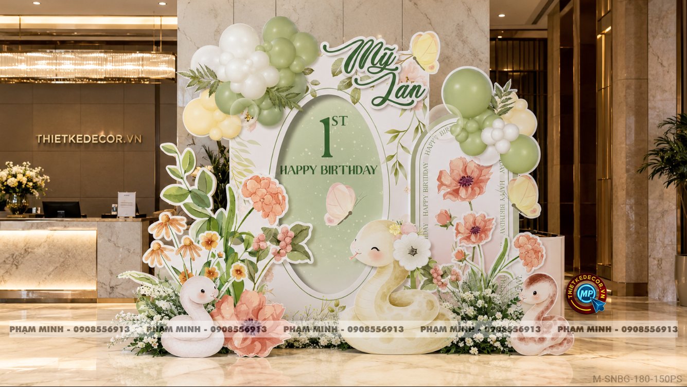 File thiết kế sinh nhật bé gái 1 tuổi tỵ tuổi rắn chủ đề tiên bướm, sinh nhật bé gái chủ đề khu rừng con vật dễ thương đáng yêu sang trọng.