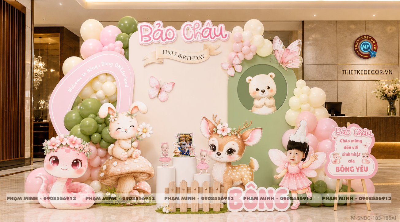 File thiết kế sinh nhật bé gái 1 tuổi tỵ tuổi rắn chủ đề tiên bướm, sinh nhật bé gái chủ đề khu rừng con vật dễ thương đáng yêu sang trọng.