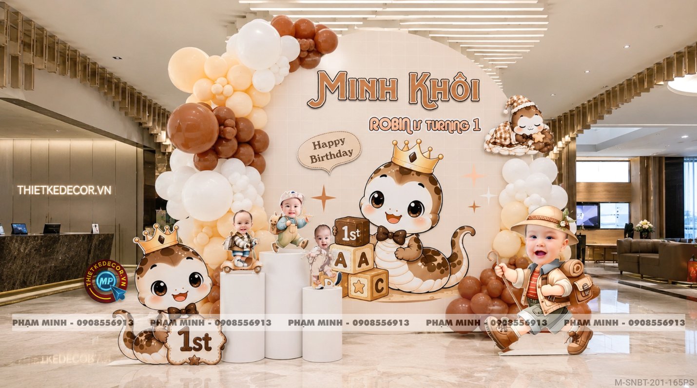 File thiết kế sinh nhật bé trai tuổi rắn tone nâu; Sinh nhật bé trai tone nâu; Sinh nhật 1 tuổi tone nâu cute đáng yêu dễ thương.