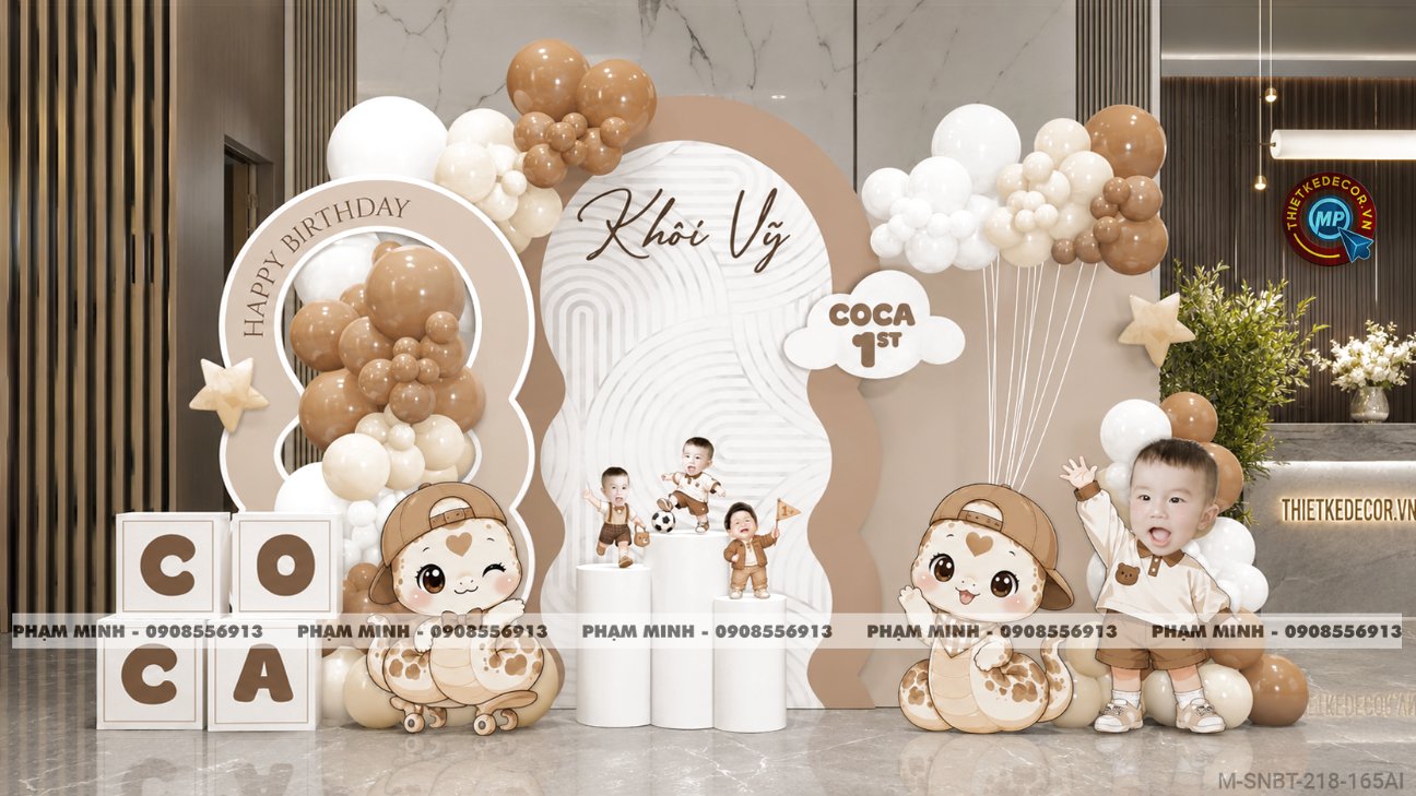File thiết kế sinh nhật bé trai tuổi rắn tone nâu; Sinh nhật bé trai tone nâu; Sinh nhật 1 tuổi tone nâu cute đáng yêu dễ thương.