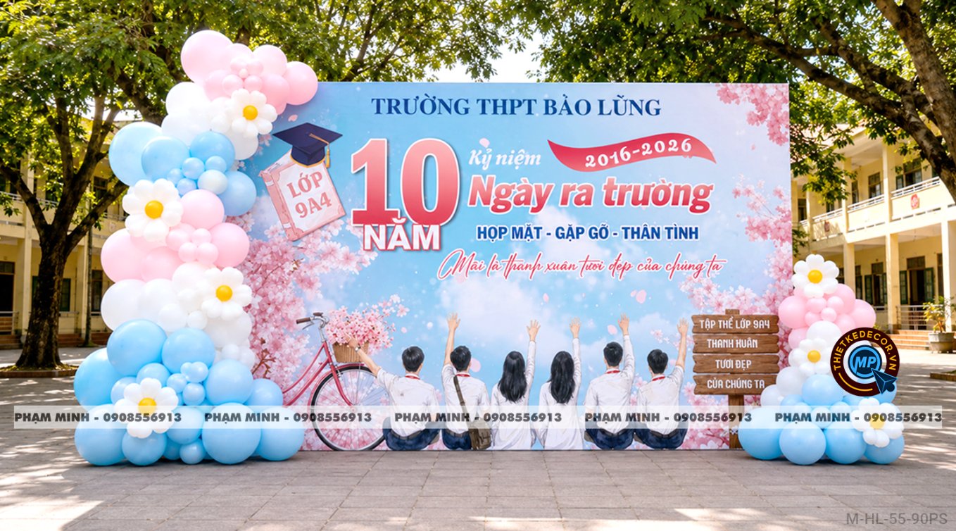 File thiết kế trang trí background họp lớp họp khóa kỷ niệm ngày về trường tone xanh da trời mix hồng sang trọng. Decor backdrop bong bóng họp lớp họp khóa