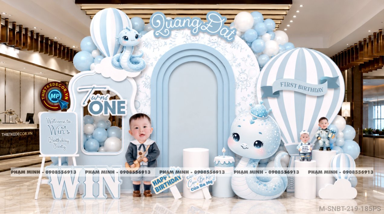 File thiết kế sinh nhật bé trai tuổi rắn tone xanh ; Sinh nhật bé trai tone xanh; Sinh nhật 1 tuổi tone xanh cute đáng yêu dễ thương.