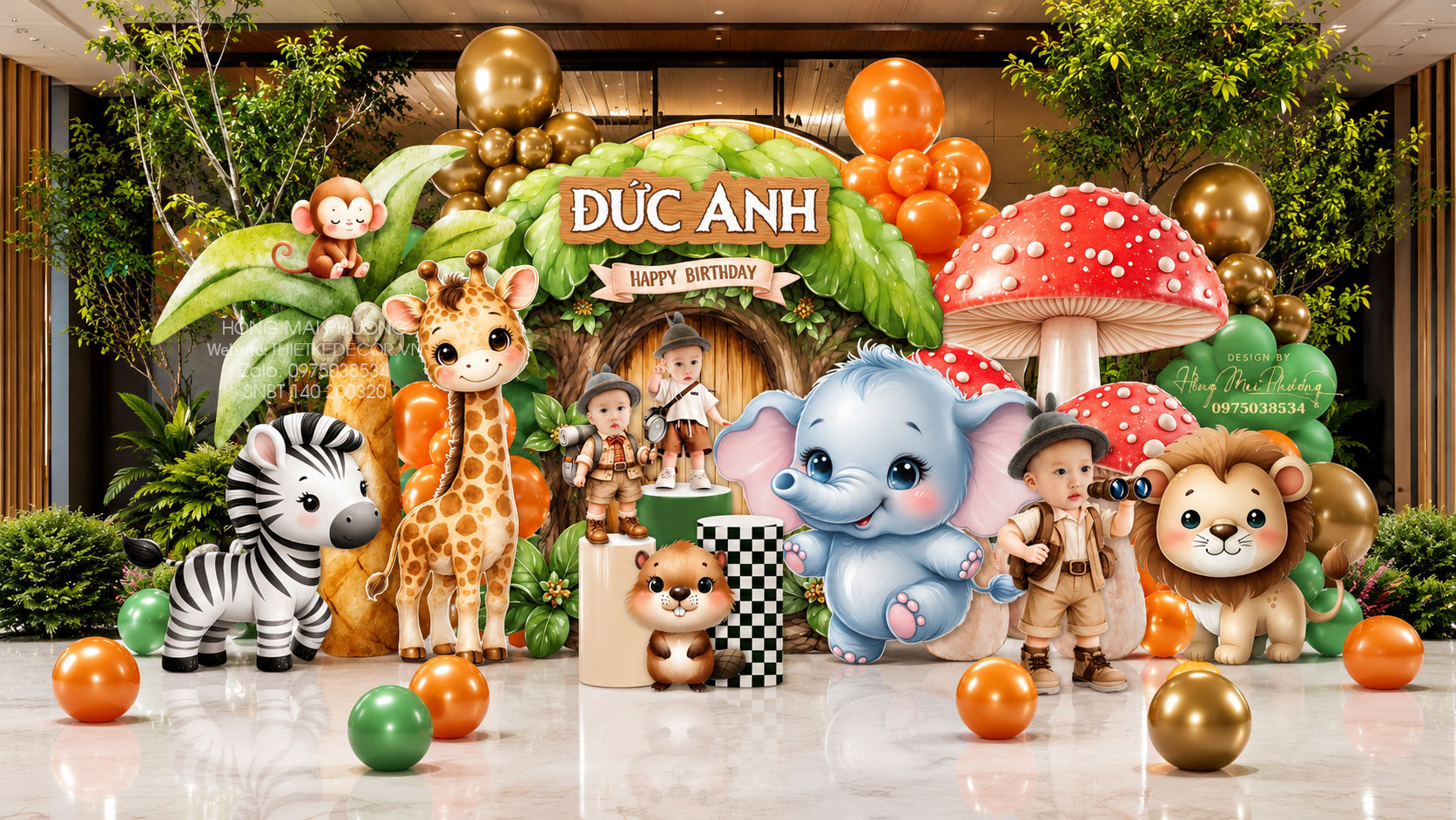 File thiết kế Sinh nhật bé trai chủ đề Safari, khu rừng và muôn thú cute đáng yêu dễ thương.