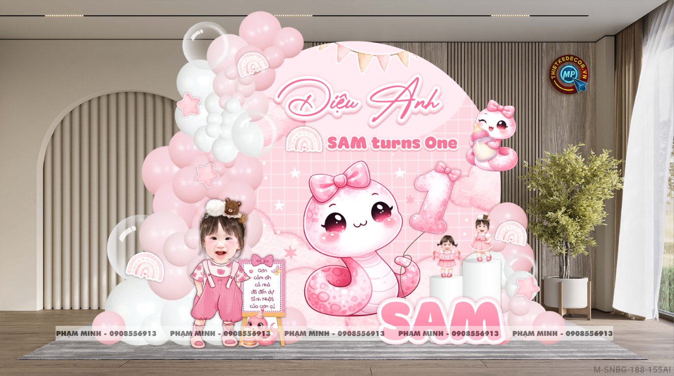 File thiết kế sinh nhật bé gái tuổi rắn tone hồng; Sinh nhật bé gái tone hồng; Sinh nhật 1 tuổi tone hồng; Sinh nhật tuổi tỵ tone hồng cute đáng yêu dễ thương