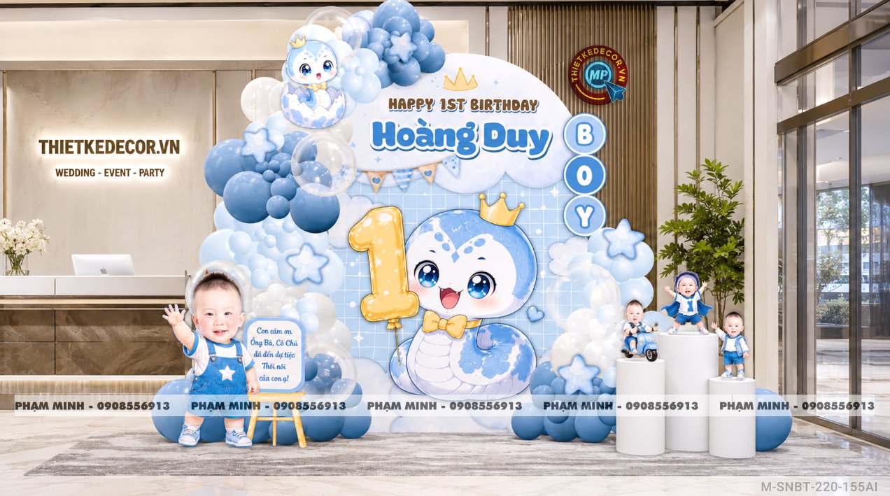 File thiết kế sinh nhật bé trai tuổi rắn tone xanh ; Sinh nhật bé trai tone xanh; Sinh nhật 1 tuổi tone xanh cute đáng yêu dễ thương.