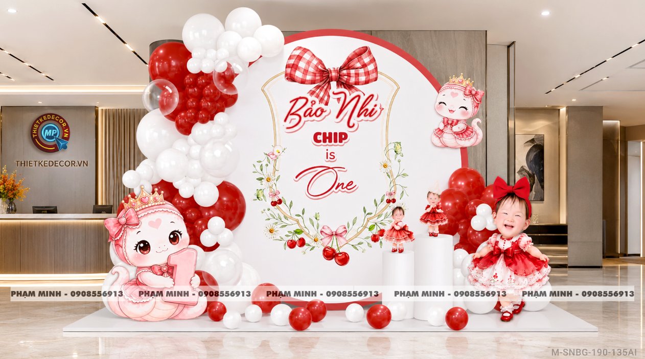 File thiết kế sinh nhật bé gái 1 tuổi rắn tỵ tone đỏ decor trang trí bong bóng đáng yêu dễ thương sang trọng