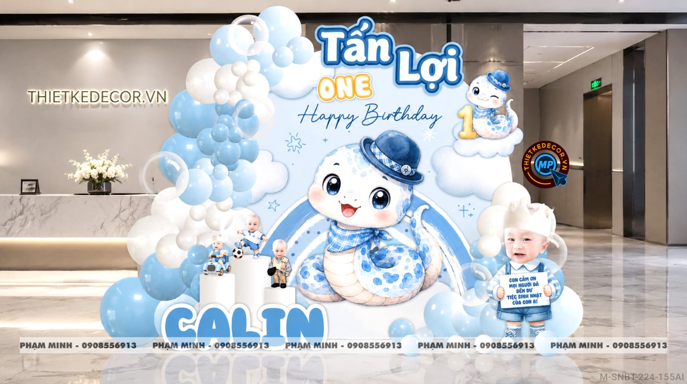 File thiết kế sinh nhật bé trai tuổi rắn tone xanh ; Sinh nhật bé trai tone xanh; Sinh nhật 1 tuổi tone xanh cute đáng yêu dễ thương.