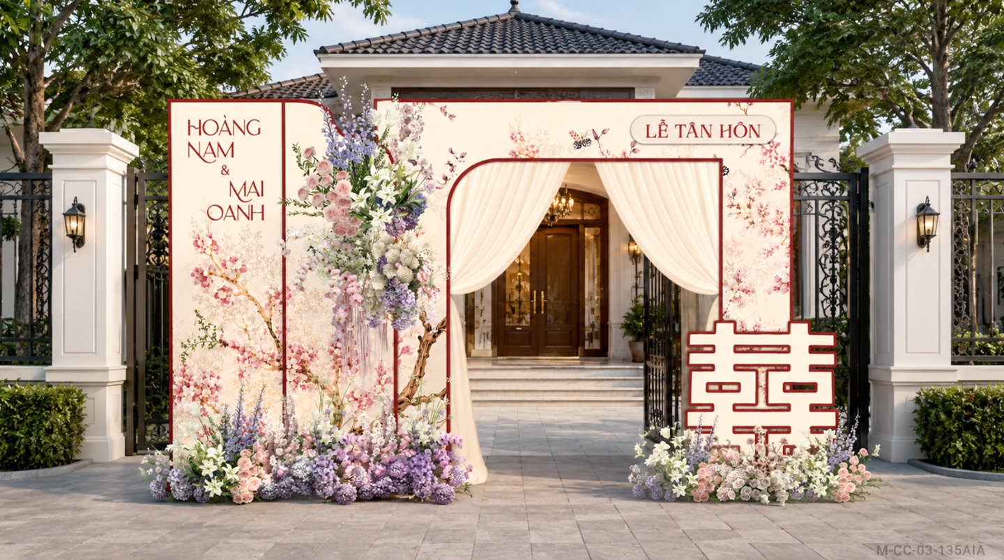 File thiết kế trang trí cổng cưới tone hồng hoa lụa, File thiết kế decor cổng cưới hoa tone hồng