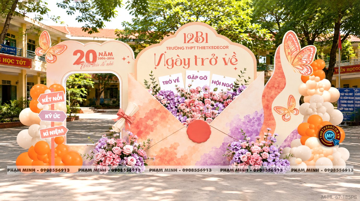 File thiết kế trang trí background họp lớp họp khóa kỷ niệm ngày về trường tone cam sang trọng. Decor backdrop bong bóng họp lớp hội khóa tone cam