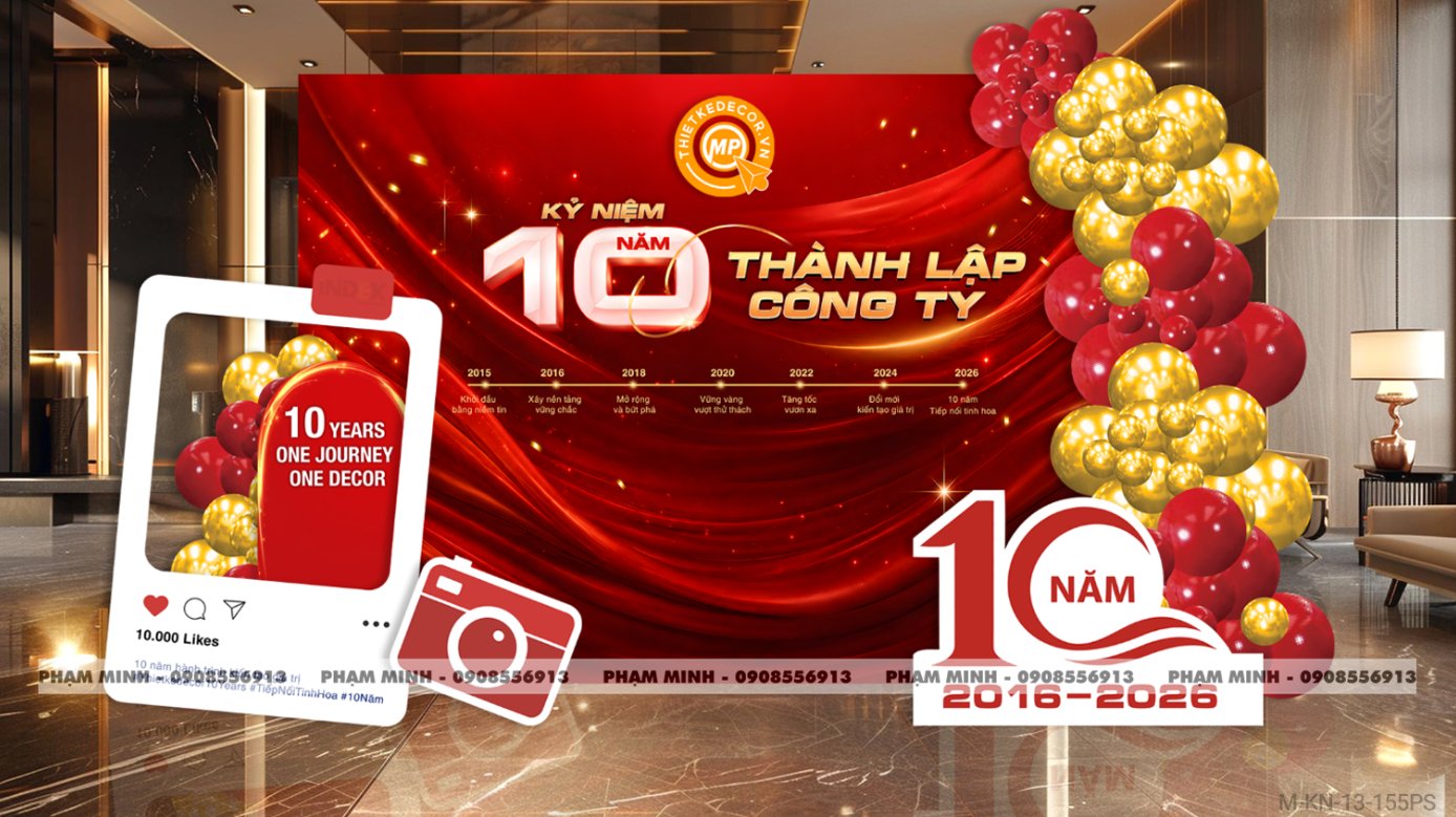 File thiết kế trang trí decor kỷ niệm thành lập công ty tone đỏ mix vàng đẹp, sang trọng, luxury