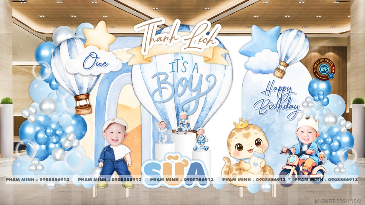 File thiết kế sinh nhật bé trai tuổi rắn tone xanh ; Sinh nhật bé trai tone xanh; Sinh nhật 1 tuổi tone xanh cute đáng yêu dễ thương.