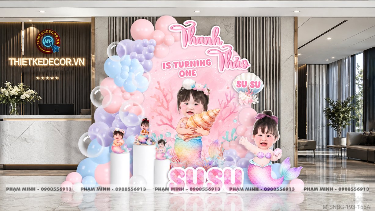File thiết kế sinh nhật bé gái chủ đề tiên cá, decor trang trí sinh nhật bé gái chủ đề tiên cá tone màu pastel đẹp dễ thương đáng yêu sang trọng.