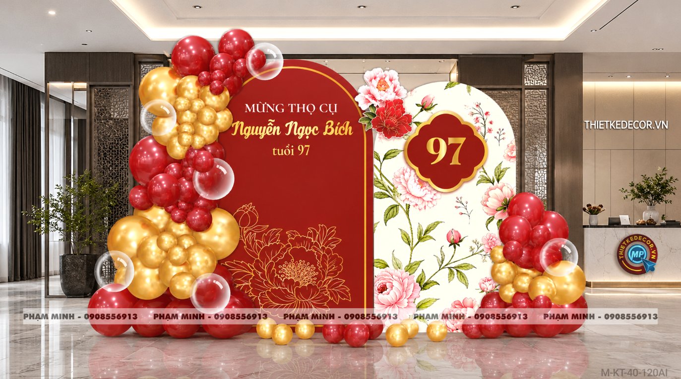 File thiết kế trang trí tiệc mừng thọ decor bong bóng Lễ mừng thọ tuổi 60 70 80 90 sang trọng tone đỏ bạc vàng