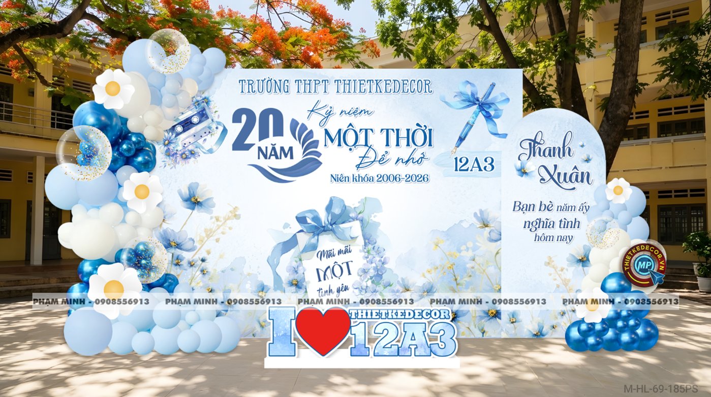 File thiết kế trang trí background họp lớp họp khóa kỷ niệm ngày về trường tone xanh da trời sang trọng