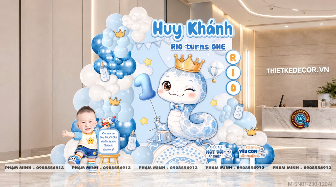 File thiết kế sinh nhật bé trai tuổi rắn tone xanh ; Sinh nhật bé trai tone xanh; Sinh nhật 1 tuổi tone xanh cute đáng yêu dễ thương.