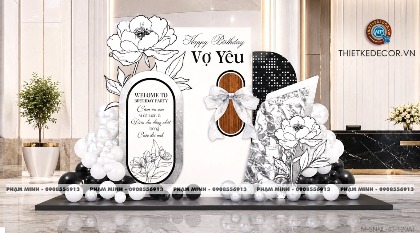 File thiết kế trang trí sinh nhật người lớn tone đen trắng, decor trang trí sinh nhật Người yêu, decor trang trí sinh nhật vợ, decor trang trí sinh nhật sếp nữ tone đen trắng đẹp, sang trọng, luxury