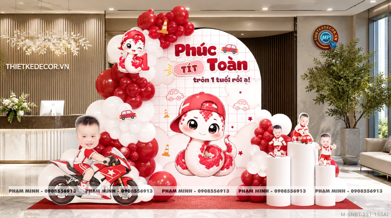File thiết kế sinh nhật bé trai tuổi rắn tone đỏ ; Sinh nhật bé trai tone đỏ; Sinh nhật 1 tuổi tone đỏ cute đáng yêu dễ thương.