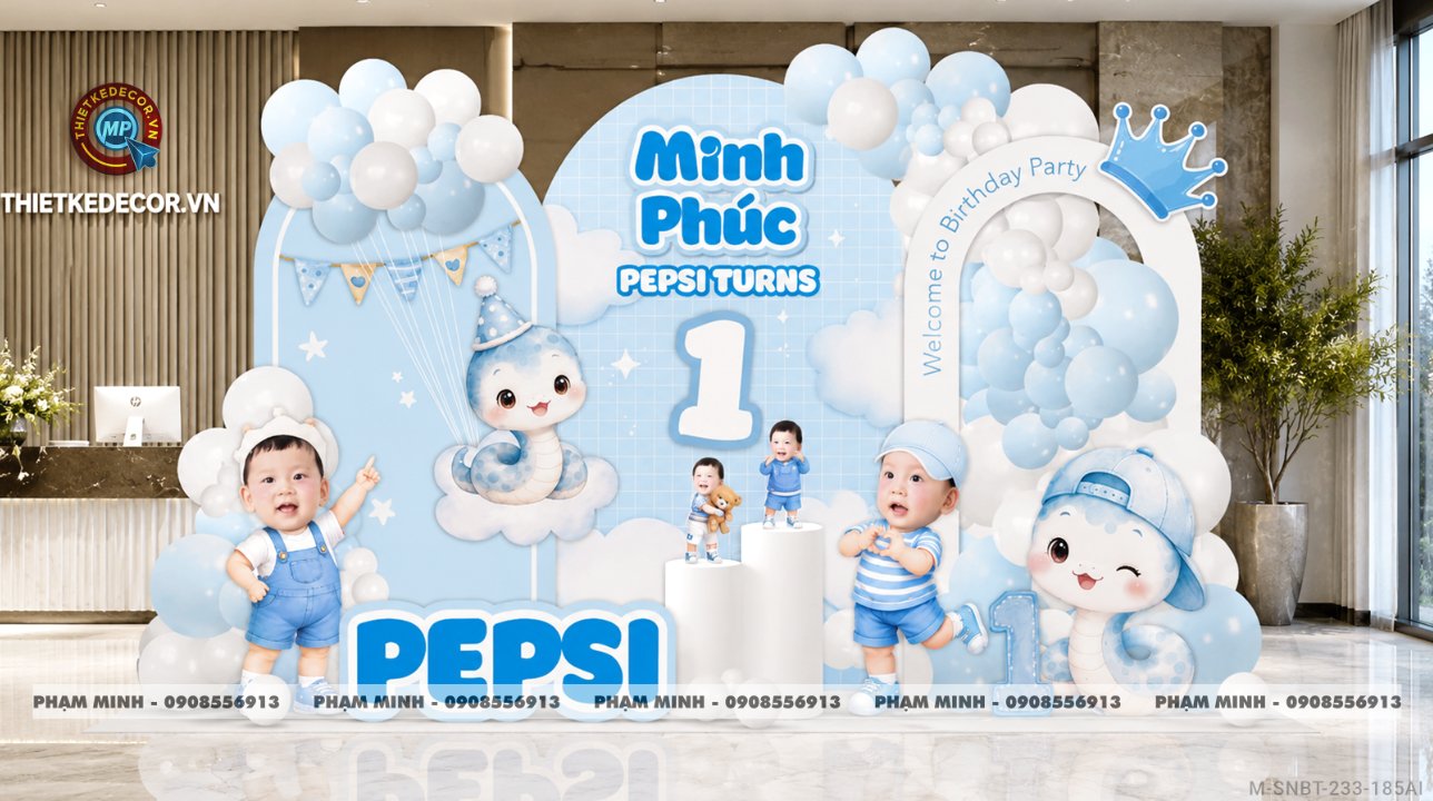 File thiết kế sinh nhật bé trai tuổi rắn tone xanh ; Sinh nhật bé trai tone xanh; Sinh nhật 1 tuổi tone xanh cute đáng yêu dễ thương.