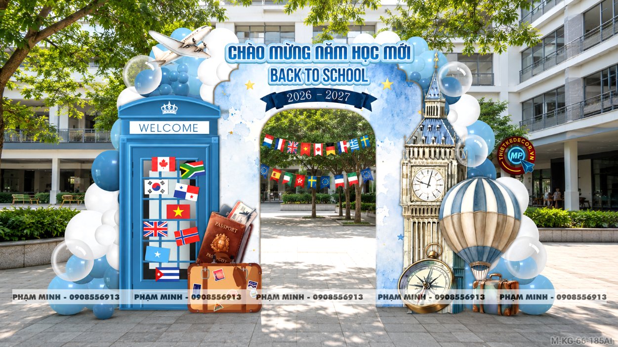 File thiết kế trang trí decor lễ khai giảng chào mừng năm học mới tone xanh da trời chụp ảnh check in cho trường cấp 2 cấp 3 đại học, cổng chào lễ khai giảng trường quốc tế.
