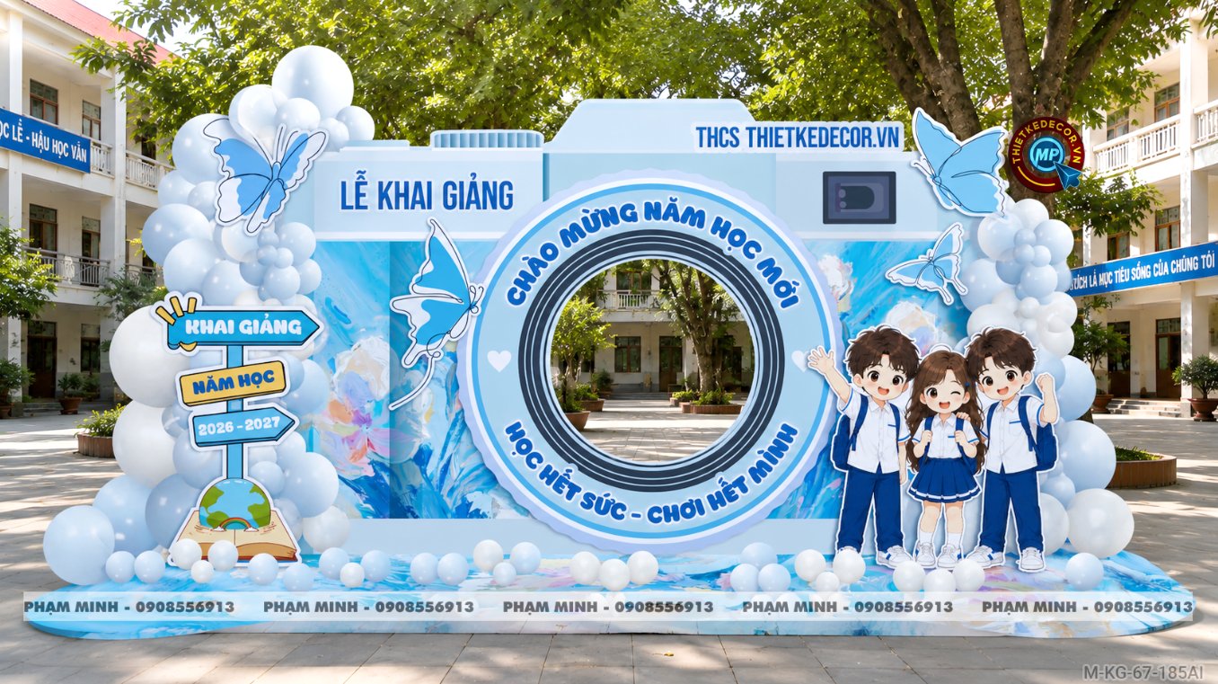 File thiết kế trang trí decor lễ khai giảng chào mừng năm học mới tone xanh da trời chụp ảnh check in cho trường cấp 1 cấp 2 cấp 3 đại học, cổng chào lễ khai giảng trường quốc tế.