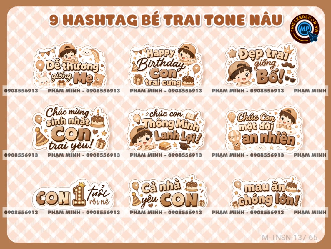 9 PNG Hashtag sinh nhật bé trai tone nâu cute dễ thương đáng yêu sẵn in ấn cho bé trai sinh nhật tay cầm chụp hình sinh nhật.