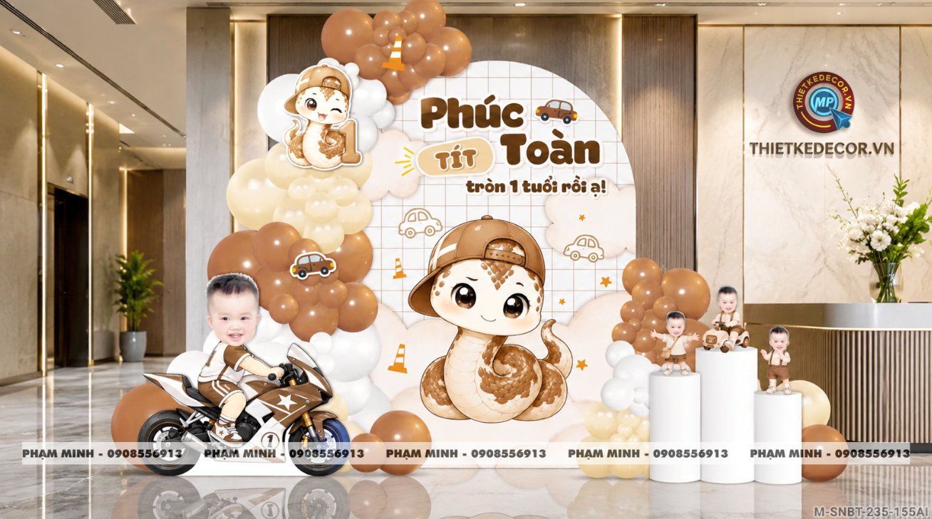 File thiết kế sinh nhật bé trai tuổi rắn tone nâu; Sinh nhật bé trai tone nâu; Sinh nhật 1 tuổi tone nâu cute đáng yêu dễ thương.