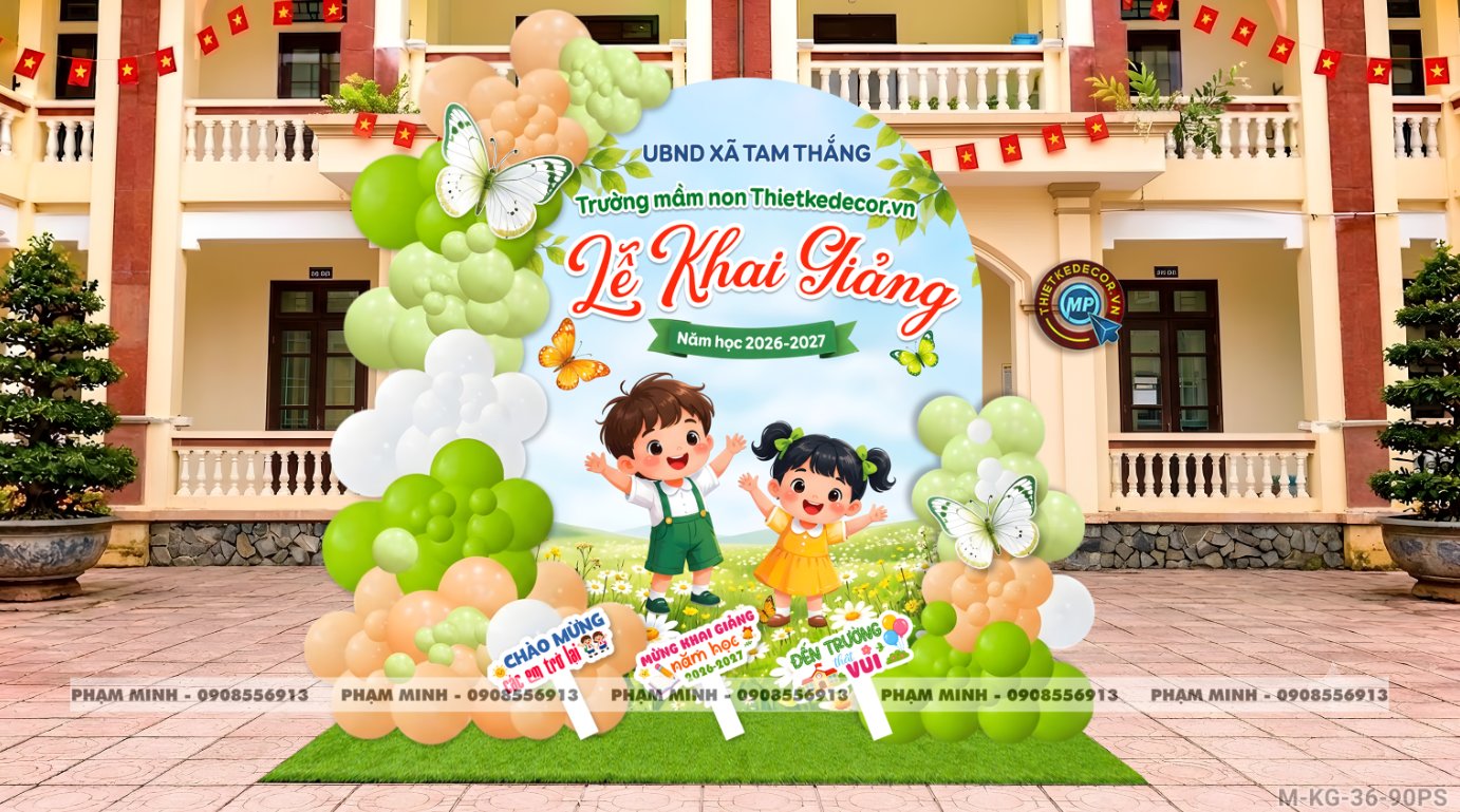 File thiết kế trang trí decor lễ khai giảng chào mừng năm học mới trường mầm non tone xanh lá cây chụp ảnh check in cho trường mầm non, tiểu học, cấp 1, trường quốc tế.