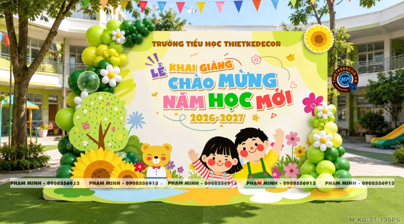 File thiết kế trang trí decor lễ khai giảng chào mừng năm học mới trường mầm non tone xanh lá cây chụp ảnh check in cho trường mầm non, tiểu học, cấp 1, trường quốc tế.
