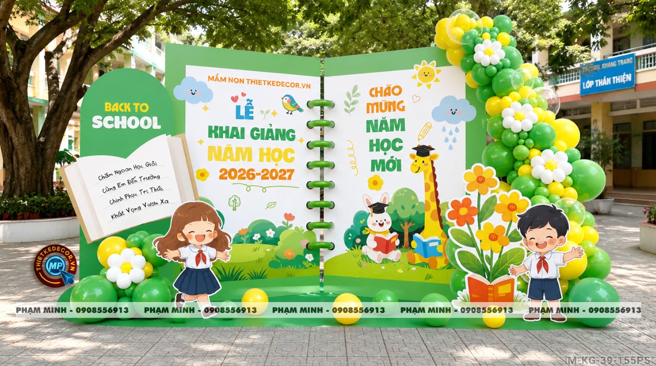 File thiết kế trang trí decor lễ khai giảng chào mừng năm học mới trường mầm non tone xanh lá cây chụp ảnh check in cho trường mầm non, tiểu học, cấp 1, cấp 2, trường quốc tế.